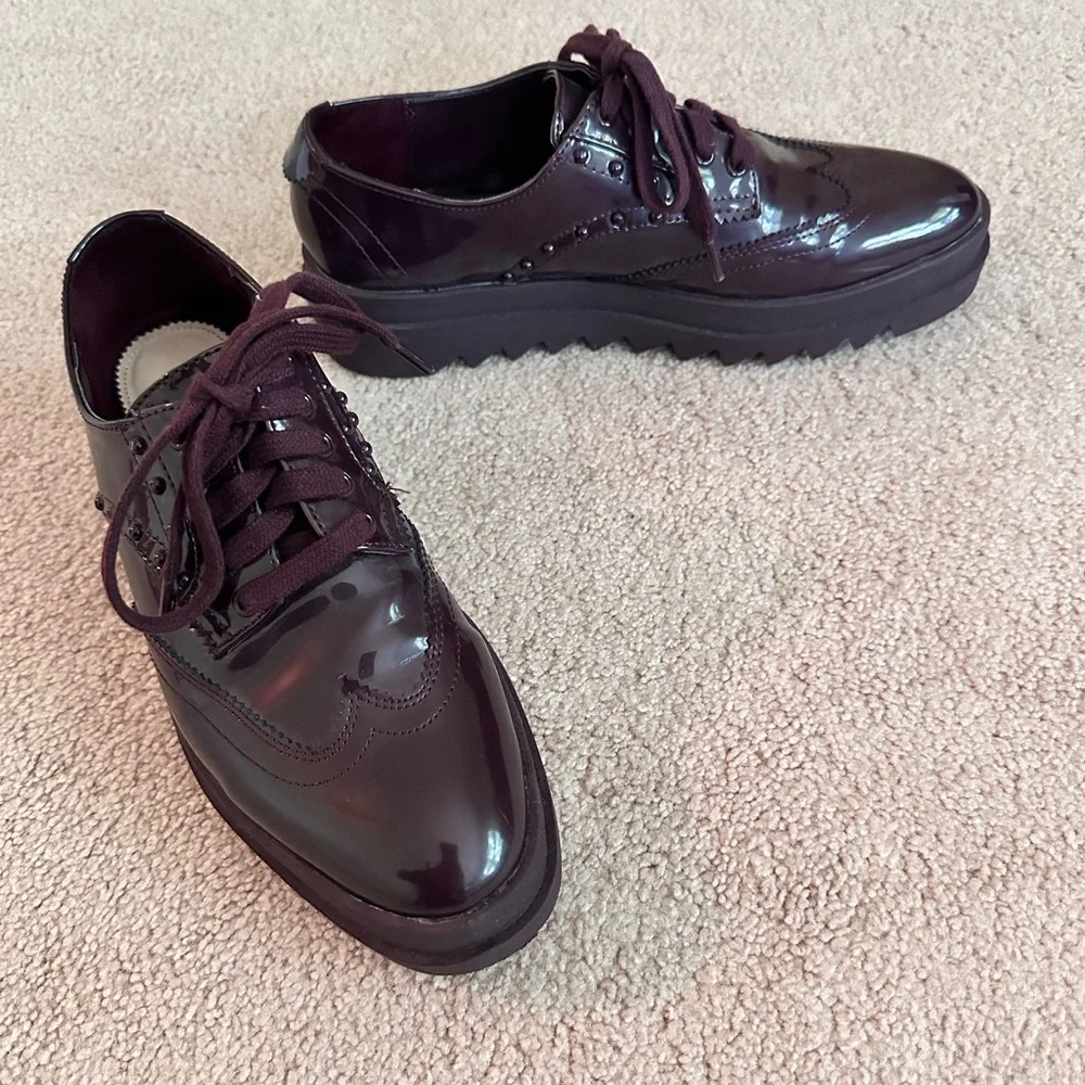 Zara Burgundy Patent Leather Platform Brogues - Size 7.5